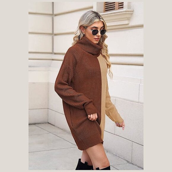 Women's Loose Turtleneck Oversize Long Pullover Sweater Y - Coffee and Khaki - Picture 3 of 8